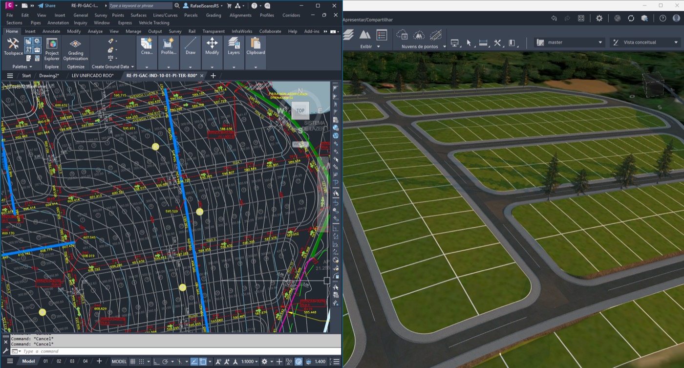 Civil 3D ao lado do modelo 3D no InfraWorks