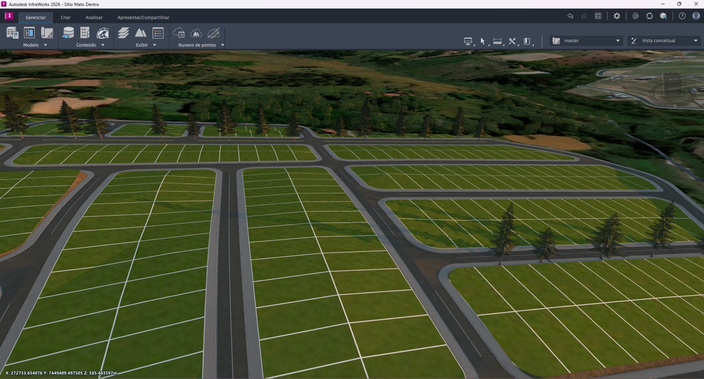Interface do InfraWorks com modelos de loteamento