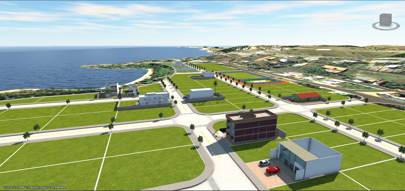 Vista aérea de empreendimento urbano em 3D